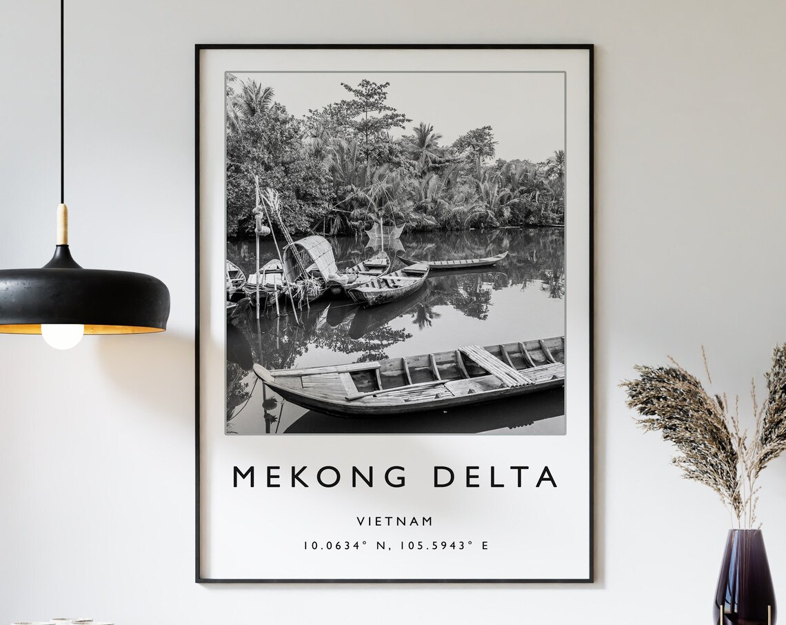 Mekong Delta Vietnam River Boats Black and White Travel Poster