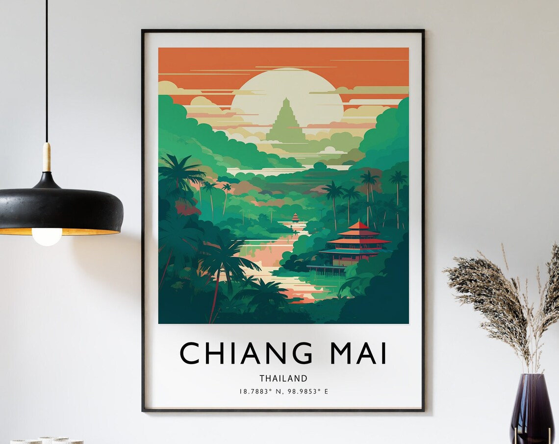 Chiang Mai Thailand Jungle Temples Sunset Illustrated Travel Poster