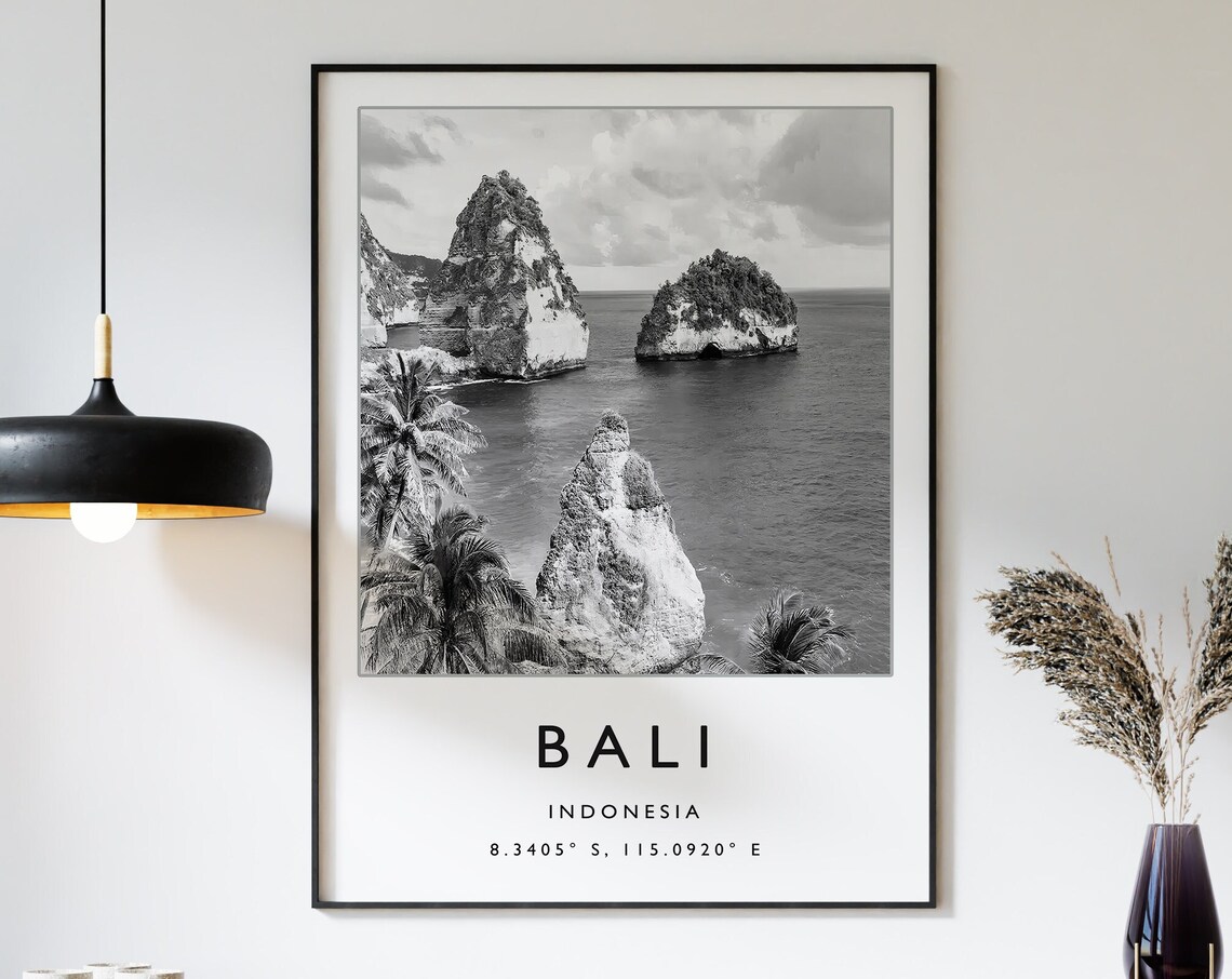 Bali Indonesia Black And White Sea Stacks Photo Travel Poster