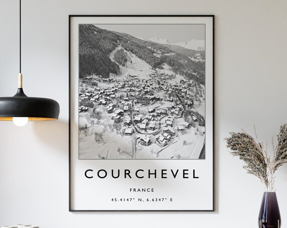 Courchevel France Black White Aerial Ski Village Photo Poster