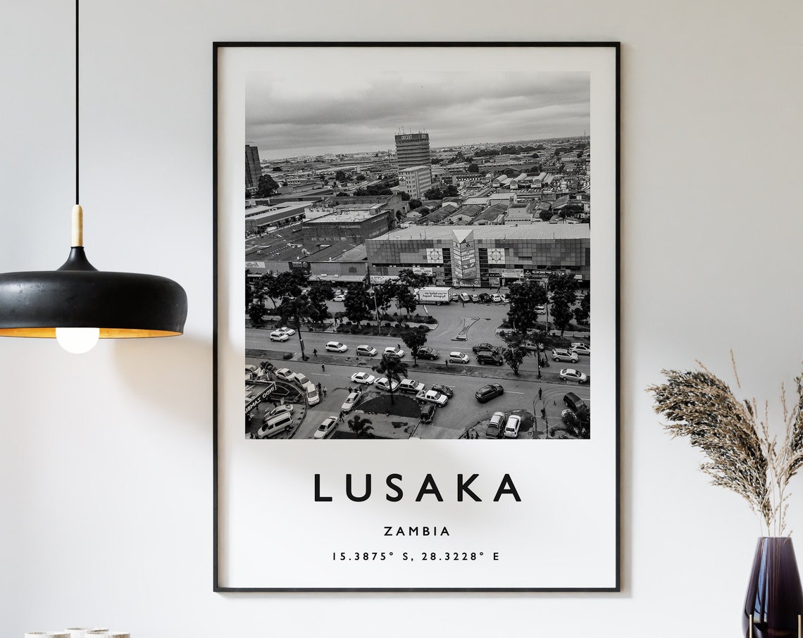 Lusaka Zambia Black and White Downtown Aerial View Coordinates Poster