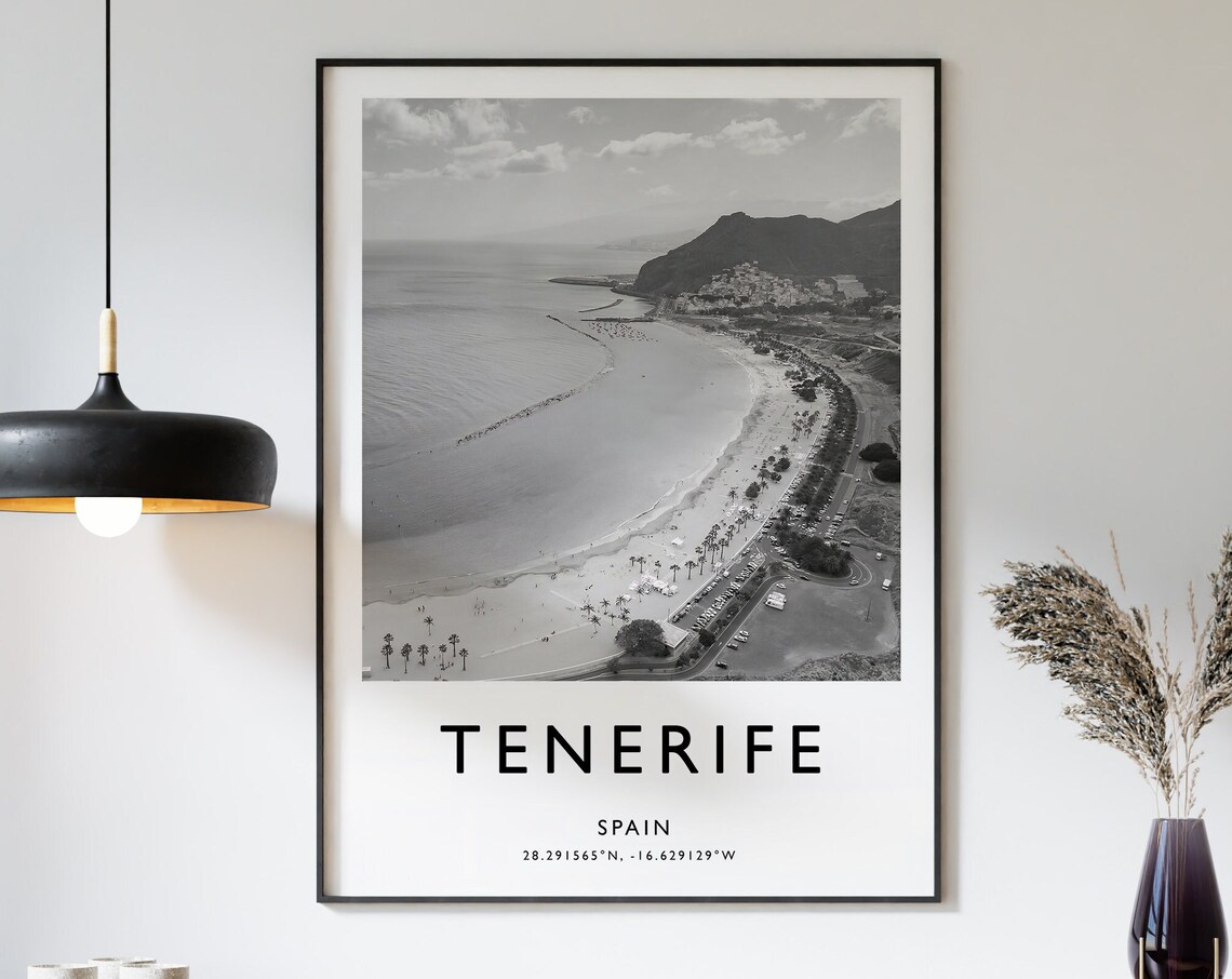 Tenerife Spain Black White Aerial Beach Bay Island Photo Poster