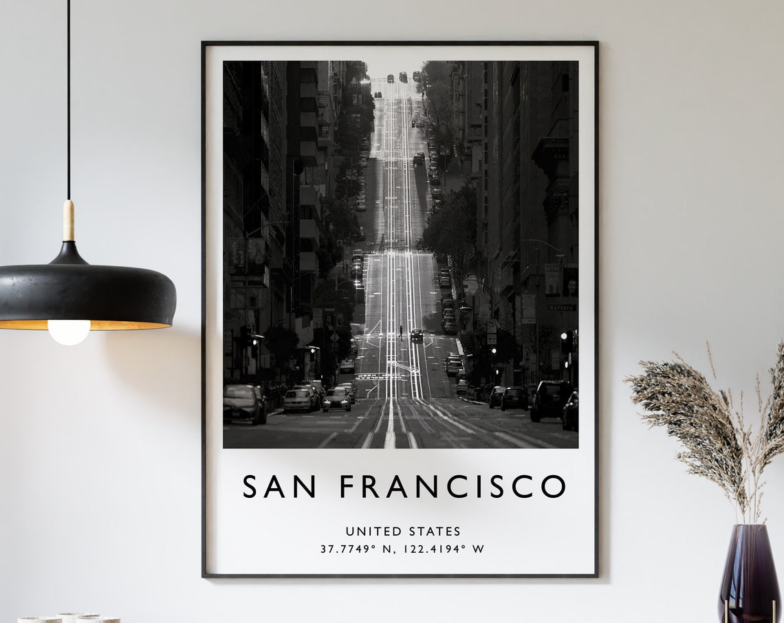 San Francisco Steep Hill Cable Car Tracks Black White Photo Poster