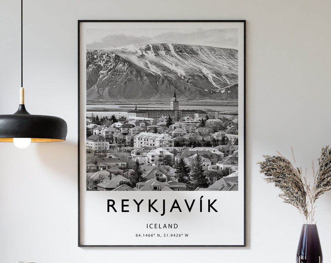 Reykjavik Travel Poster, Iceland Black and White Art