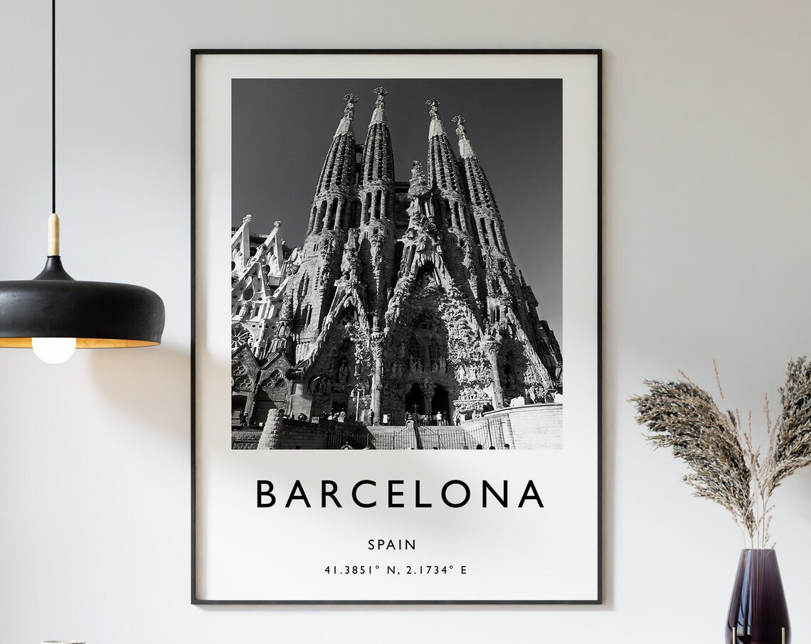 Barcelona Travel Poster, Black and White Spain Art
