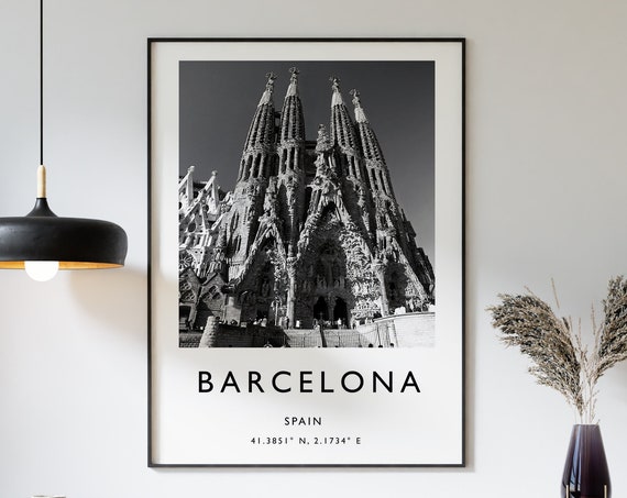 Barcelona Travel Poster, Black and White Spain Art