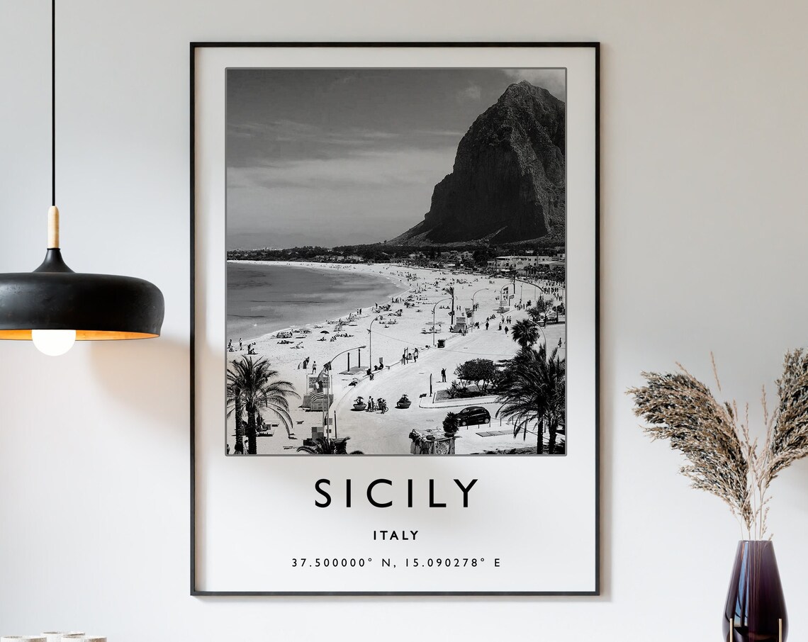 Sicily Travel Poster, Italy Black and White