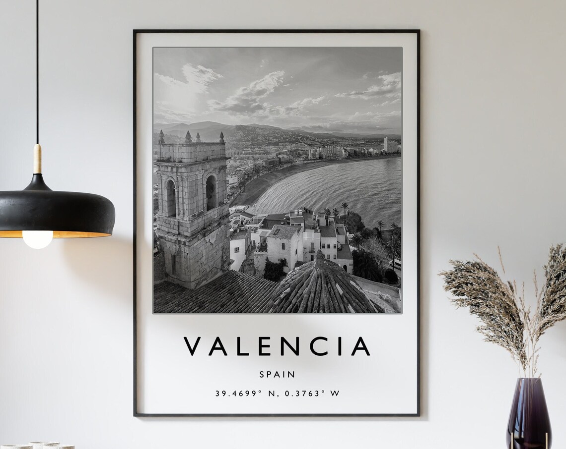 Valencia Bell Tower Curved Bay Black White Spain Travel Poster