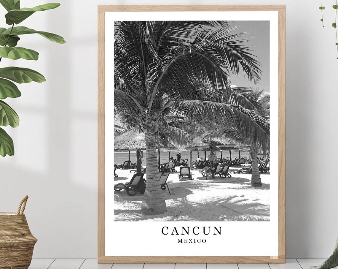 Cancun Beach Palm Trees Lounge Chairs Black and White Photo Poster