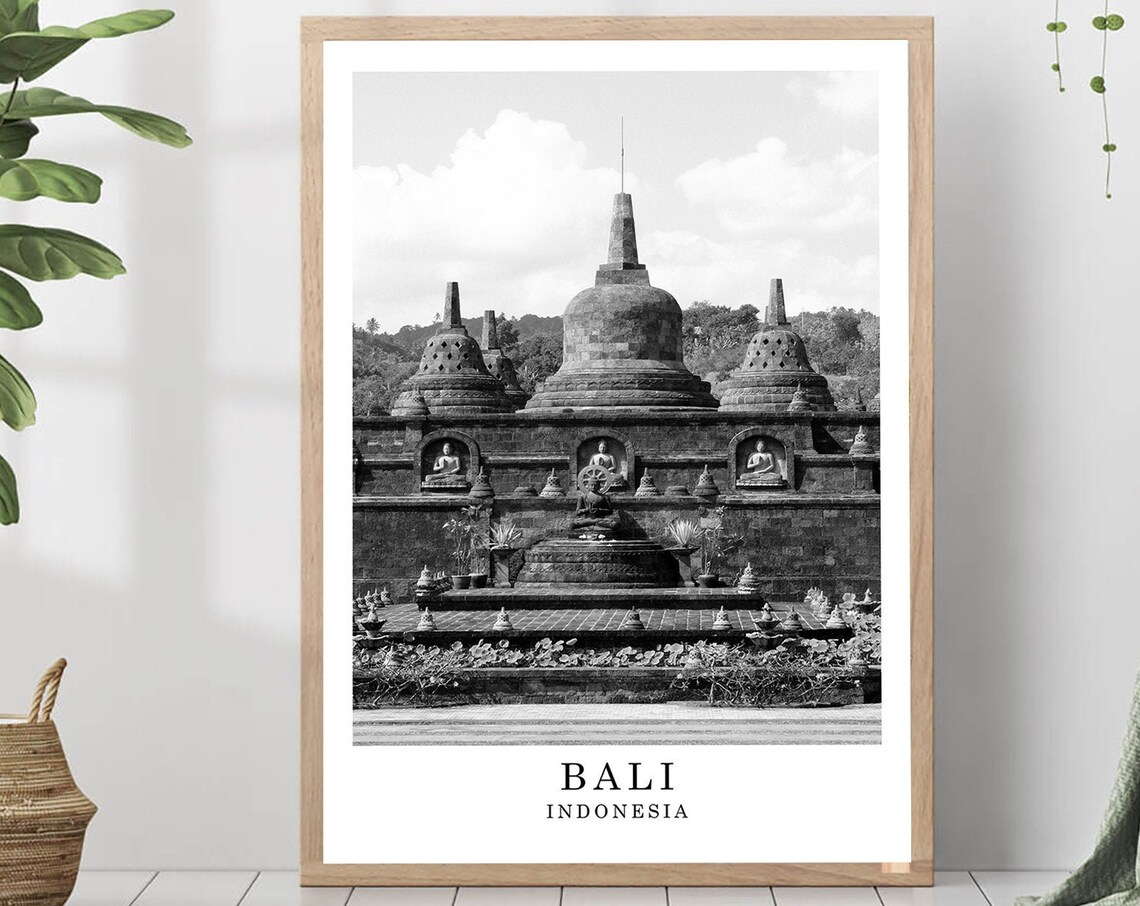 Bali Buddhist Temple Carved Stupas Black And White Indonesia Poster