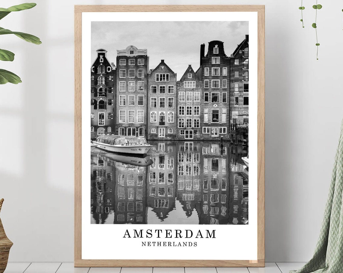 Amsterdam Canal Houses Reflection Boat Black and White Poster