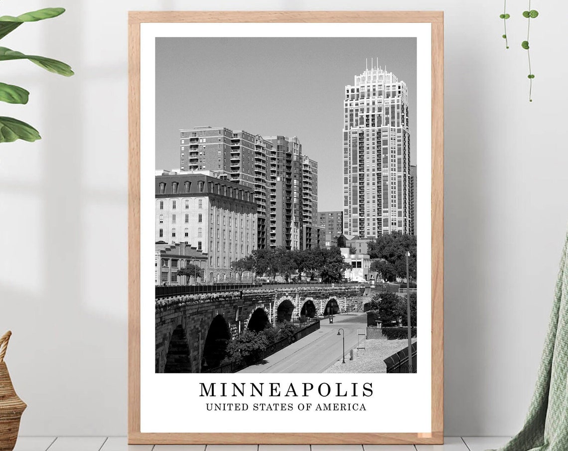 Minneapolis Stone Arch Bridge Skyline Black and White Poster