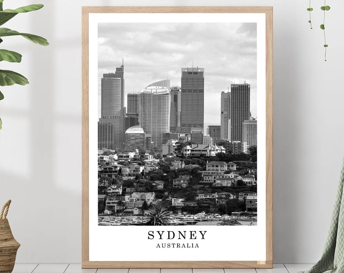 Sydney Australia City Skyline Waterfront Black And White Photo Poster