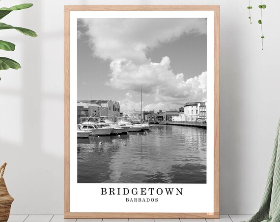 Bridgetown Barbados Marina Harbour Boats Waterfront Black White Poster