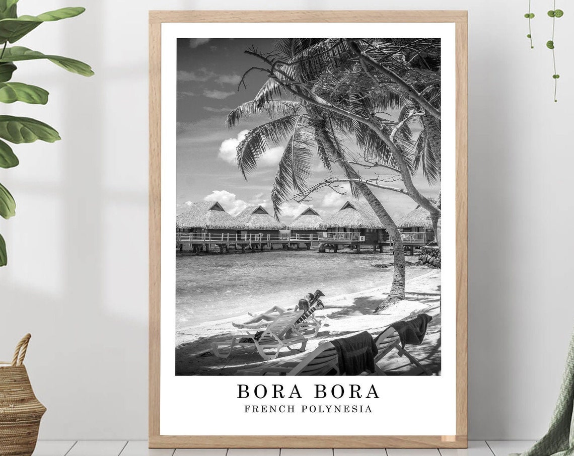 Bora Bora Overwater Bungalows Lagoon Black And White Beach Poster