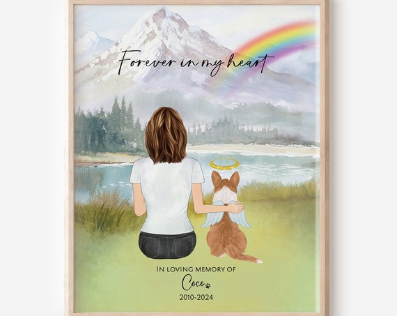 Dog Mom Memorial Rainbow Bridge Print Personalized Pet And Owner Portrait Remembrance Pet Loss Sympathy Gift Custom Dog Memorial Picture