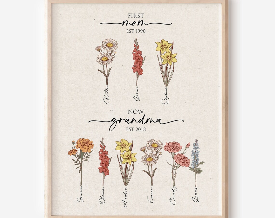 First Mom Now Grandma Birth Flower Family Tree Floral Poster