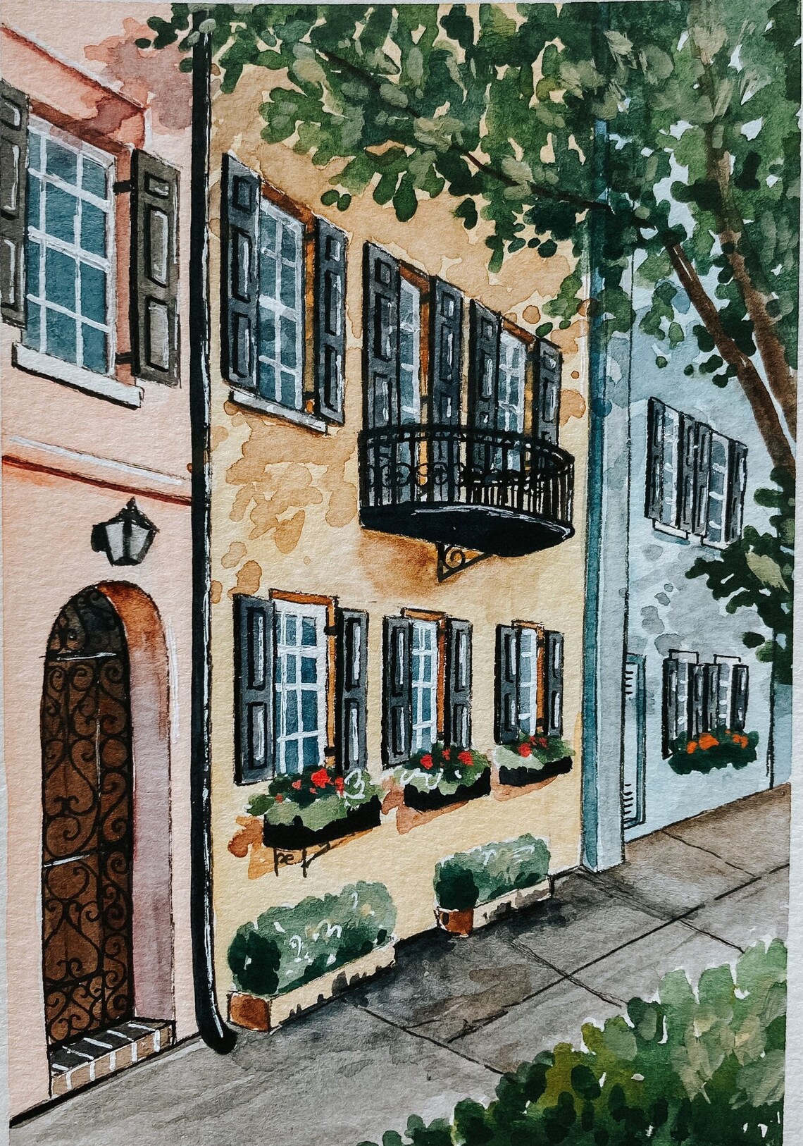 Charleston SC Rainbow Row Watercolor Landscape Art Print - Image 2