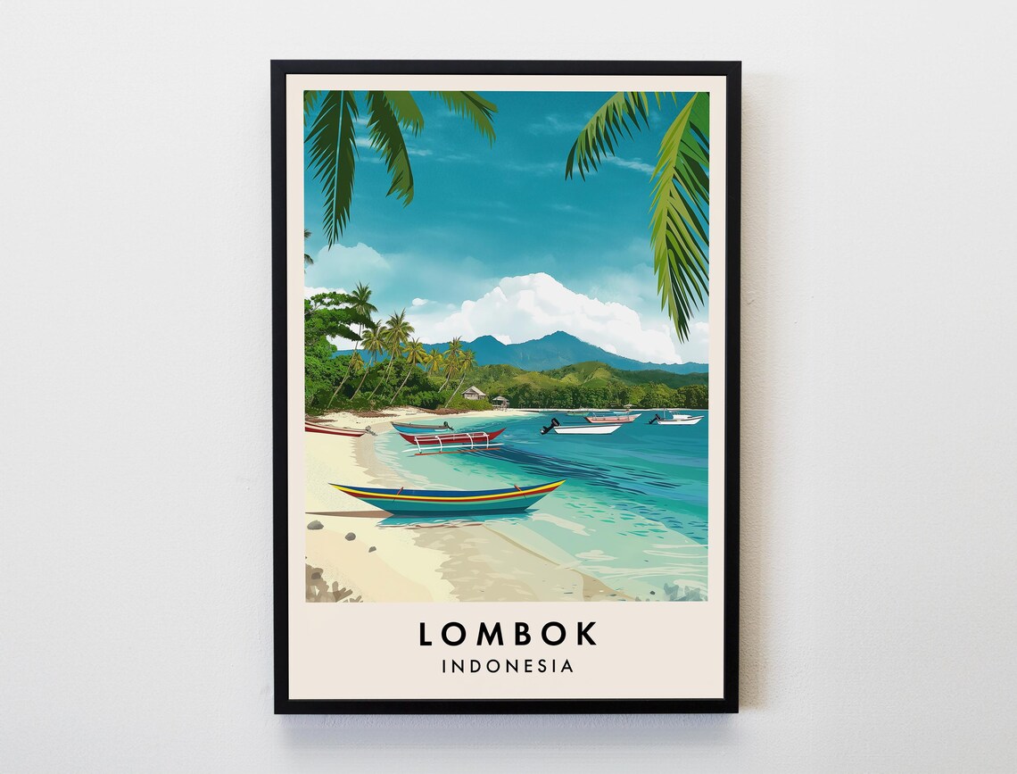 Lombok Indonesia Tropical Beach Boats Palm Trees Travel Poster