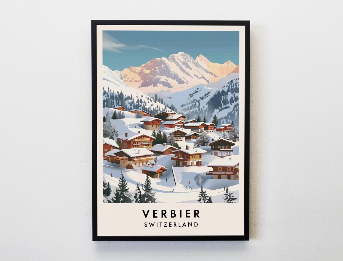 Verbier Travel Poster, Switzerland Alps Ski Decor