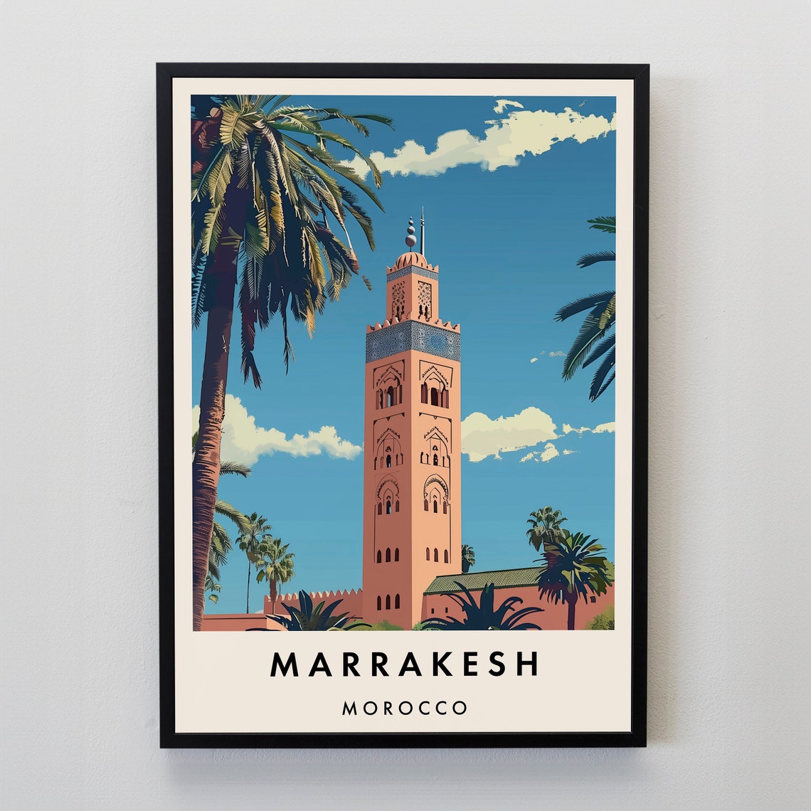 Marrakesh Morocco Vintage Travel Poster Koutoubia Mosque Palms