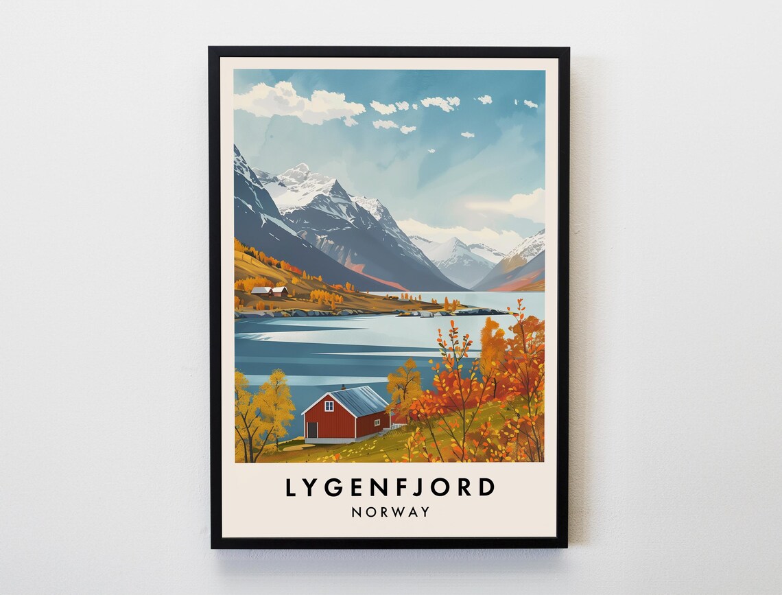 Lyngenfjord Norway Travel Poster Arctic Fjord Autumn Mountain Art
