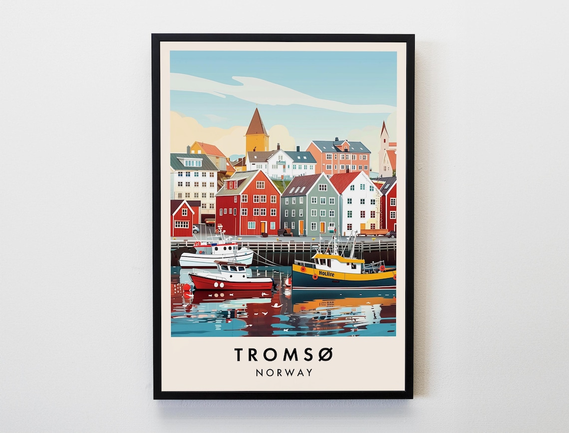 Tromso Norway Travel Poster Arctic Harbor Houses Fishing Boats Art