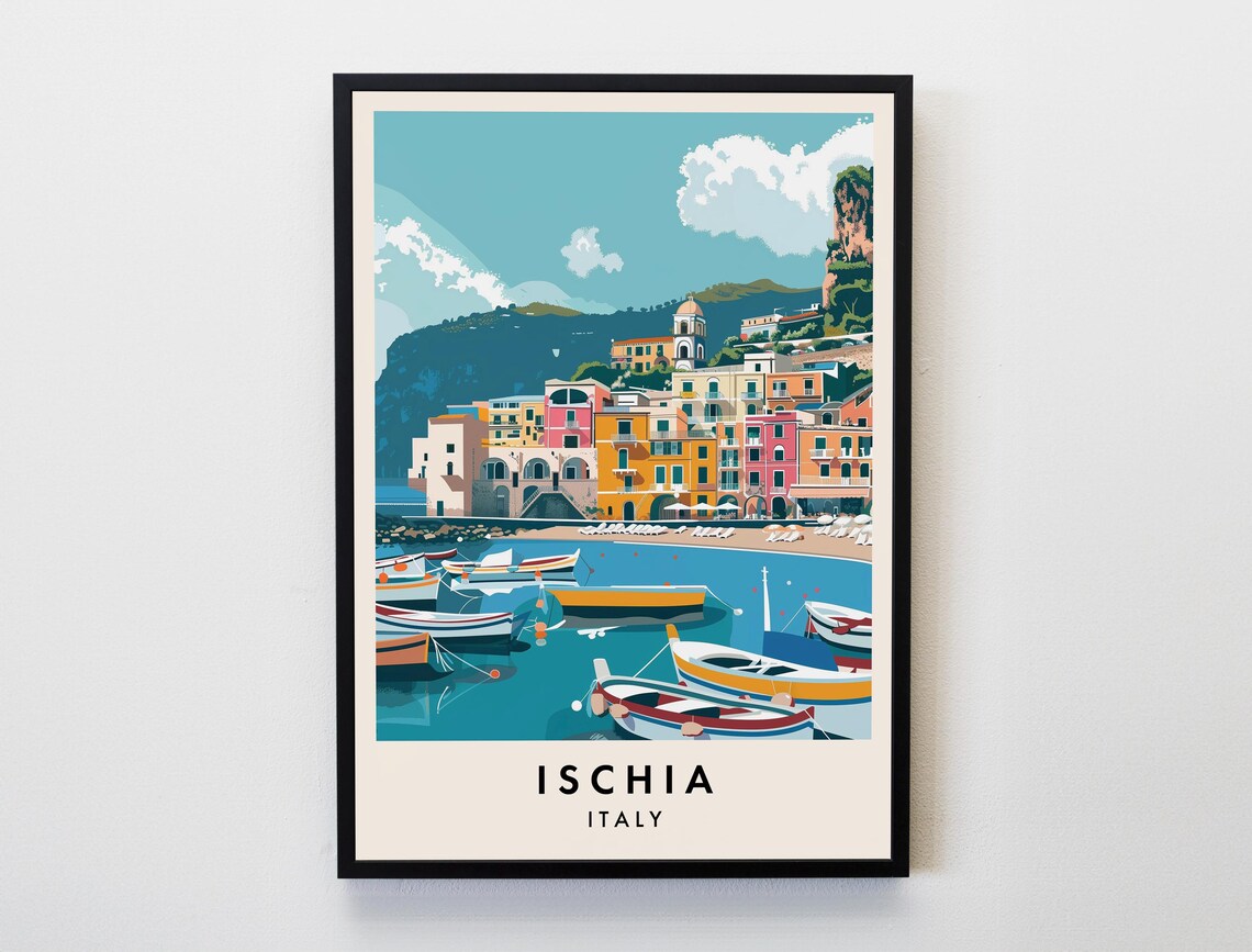 Ischia Italy Harbor Travel Poster Colorful Fishing Boats Waterfront