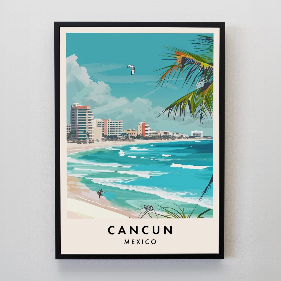 Cancun Mexico Travel Poster with Turquoise Beach and Palm Trees