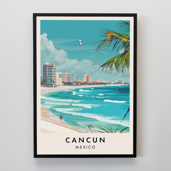 Cancun Mexico Travel Poster with Turquoise Beach and Palm Trees