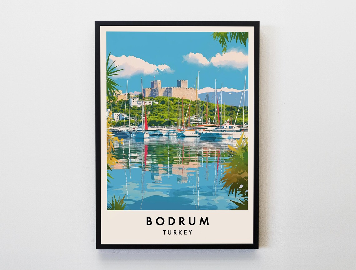 Bodrum Turkey Harbor Castle Sailing Boats Vintage Travel Poster