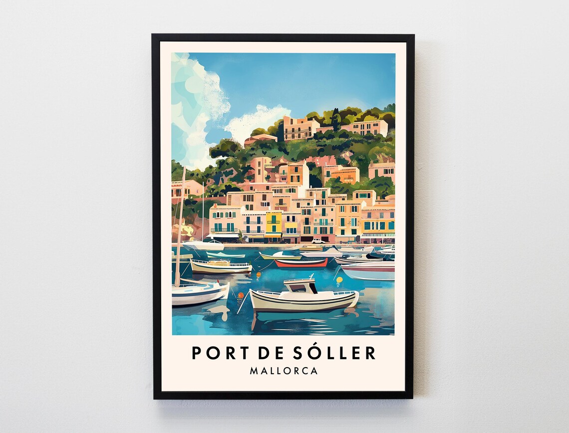 Port de Soller Mallorca Harbor Boats Vintage Travel Art Poster