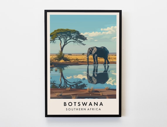Botswana Africa Elephant Waterhole Acacia Safari Wildlife Art Poster