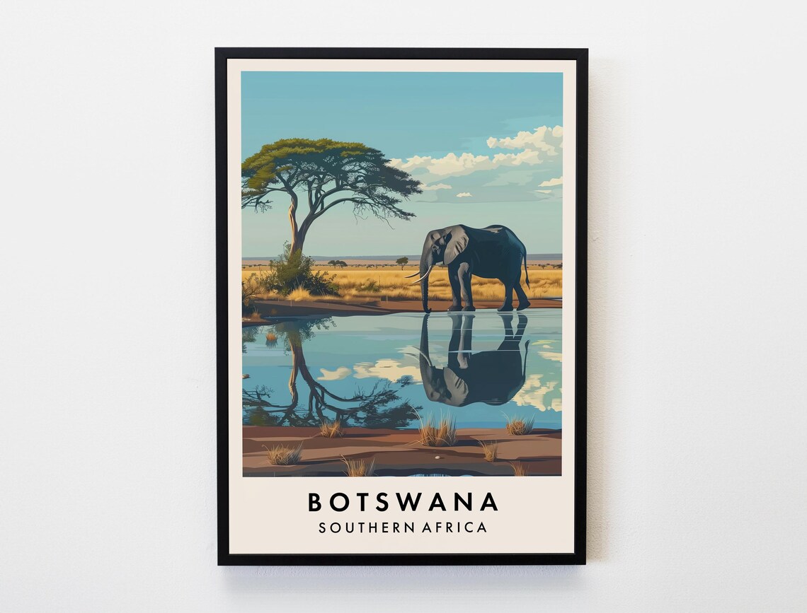 Botswana Africa Elephant Waterhole Acacia Safari Wildlife Art Poster