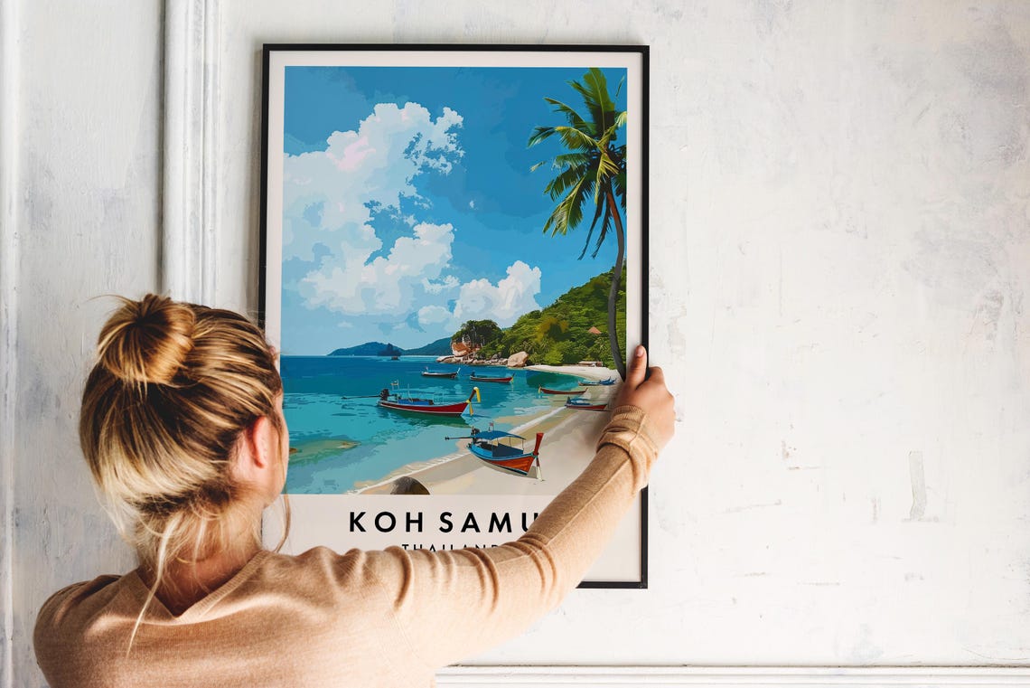 Koh Samui Thailand Beach Longtail Boats Vintage Illustration Poster - Image 2