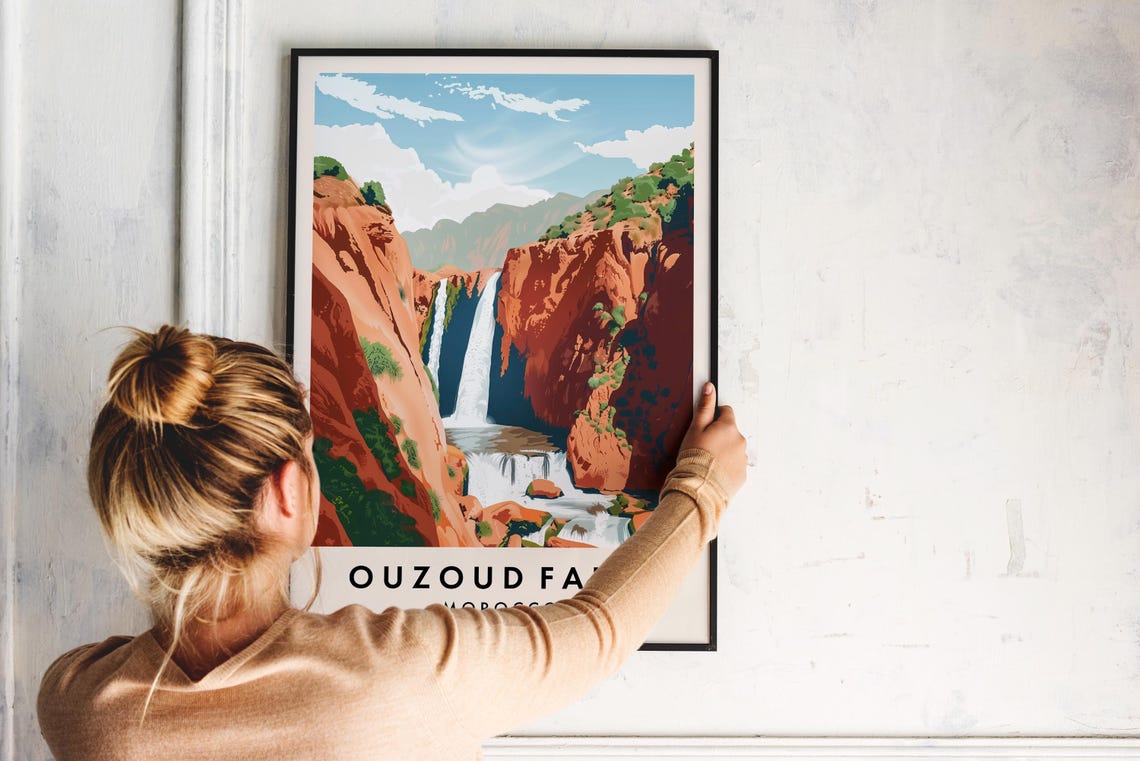 Ouzoud Falls Morocco Red Canyon Waterfall Oasis Mountain Travel Poster - Image 2