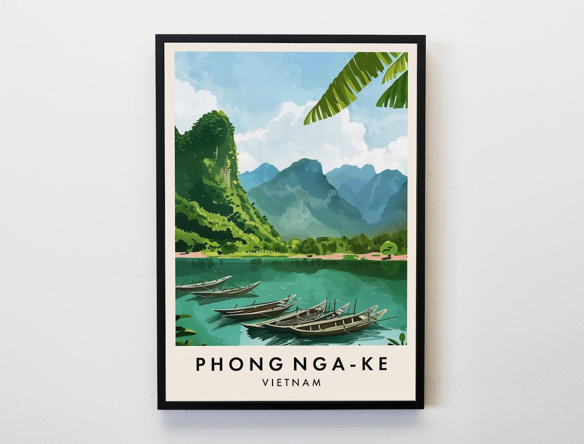 Phong Nha Vietnam Poster Limestone Karst River Boats Jungle Art