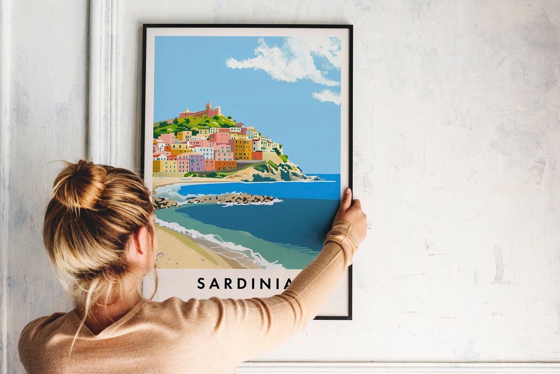 Sardinia Italy Colorful Coastal Hillside Town Sunset Travel Poster - Image 2