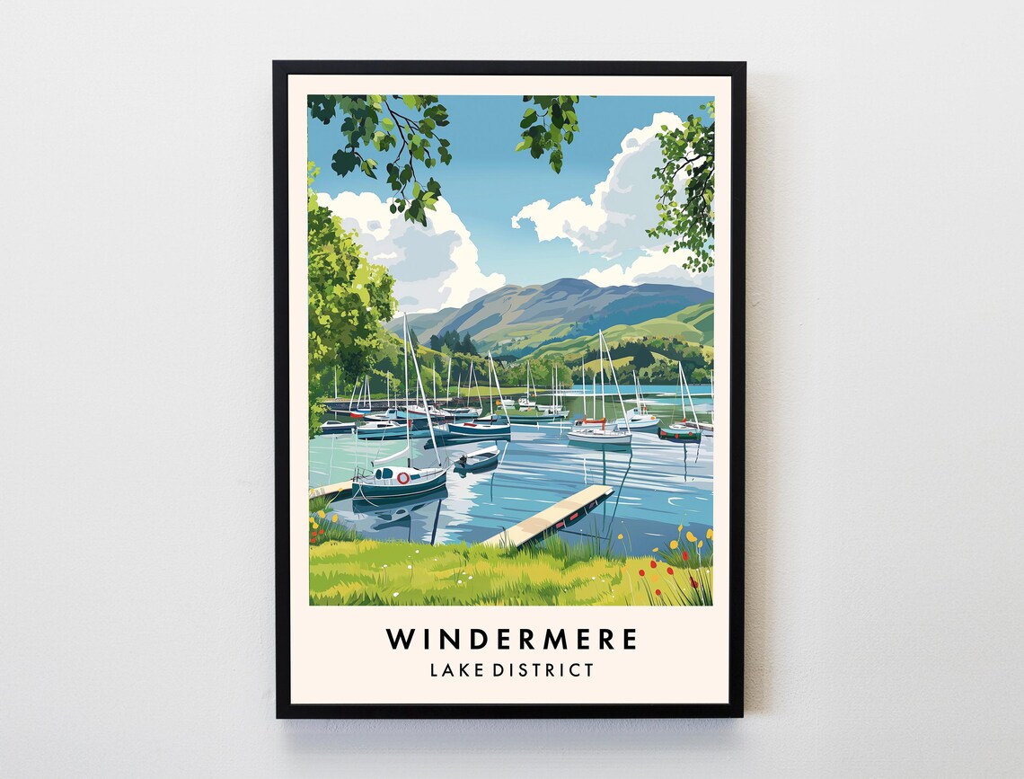 Windermere Lake District Sailboat Marina Fells Vintage Travel Poster