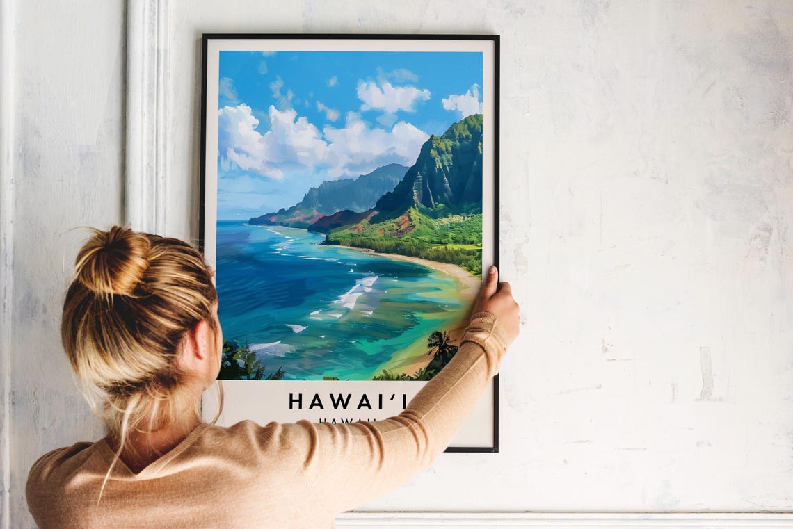 Hawaii USA Turquoise Bay and Green Coastal Cliffs Retro Travel Poster - Image 2