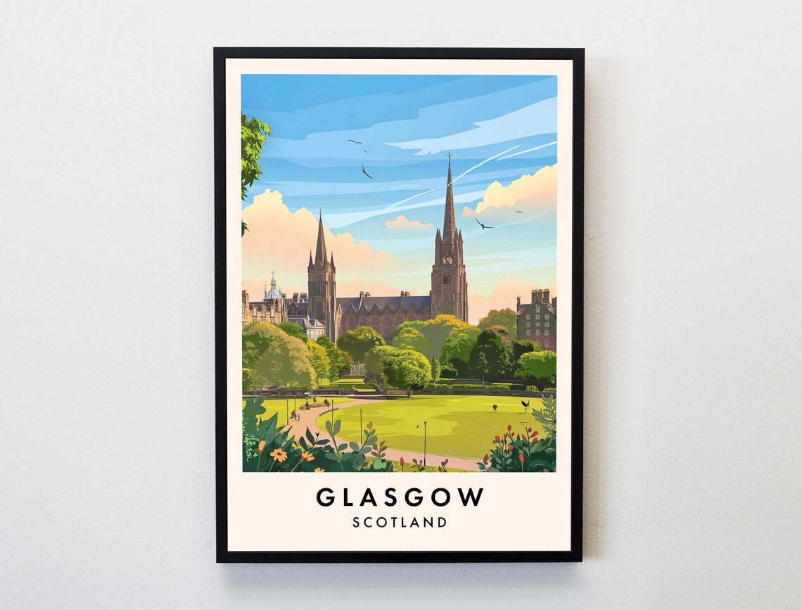 Glasgow Scotland Park City Skyline Church Spires Travel Poster