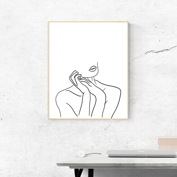 Woman Face Hand At Chin Line Drawing Minimalist Modern Art Print