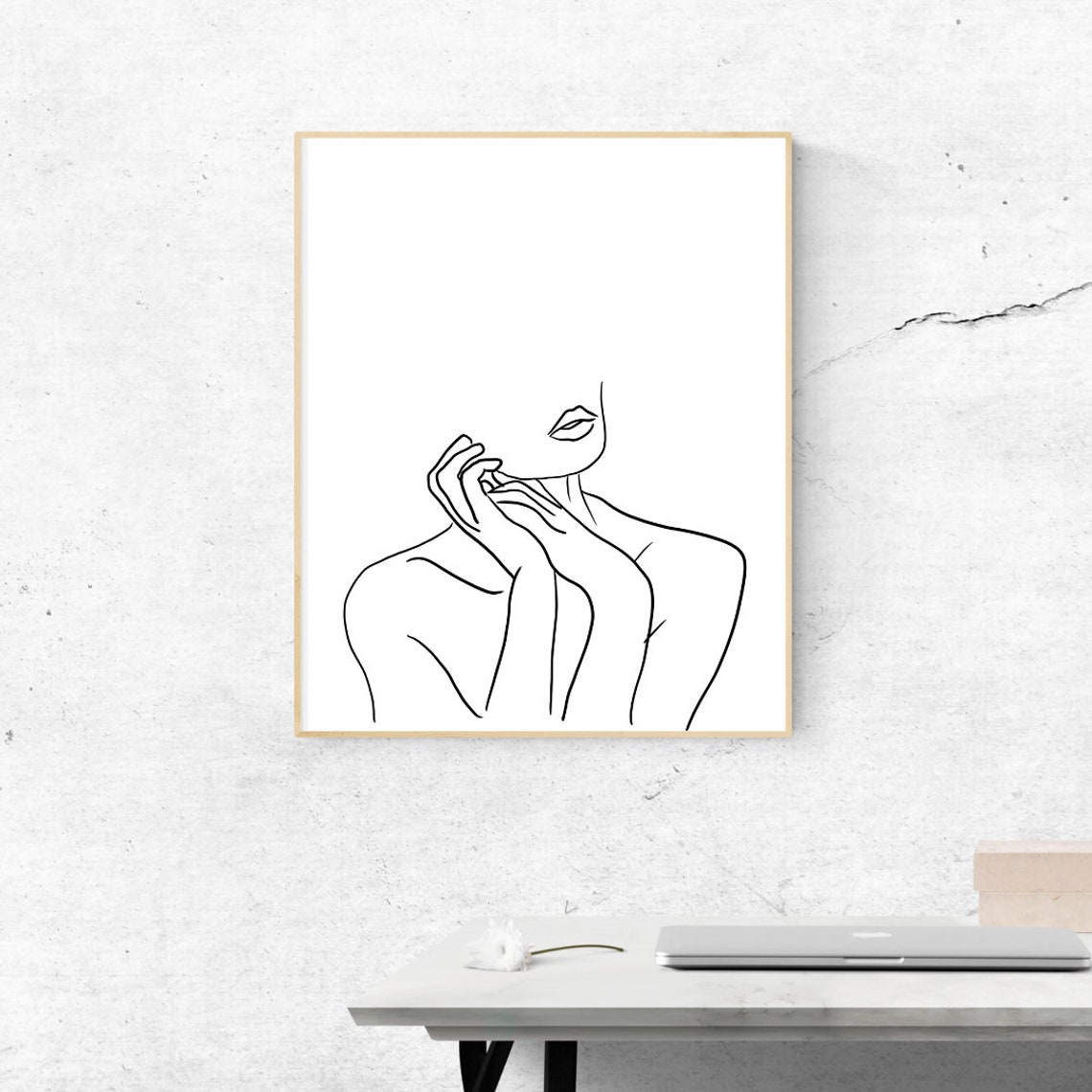 Woman Face Hand At Chin Line Drawing Minimalist Modern Art Print