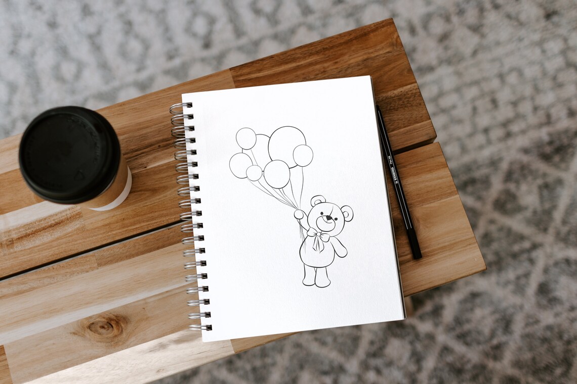 Teddy Bear Coloring Page, Cute Bear With Balloons