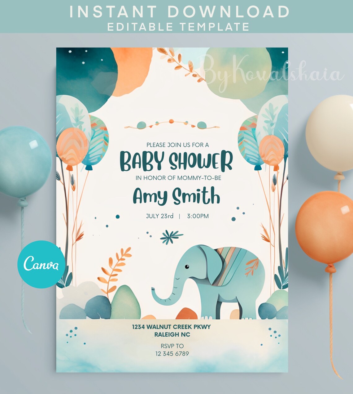 Baby Shower Invitation, Elephant Balloons Template