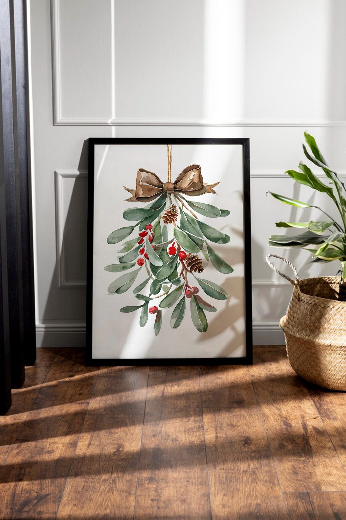 Rustic Watercolor Mistletoe with Brown Bow Farmhouse Christmas Poster - Image 2