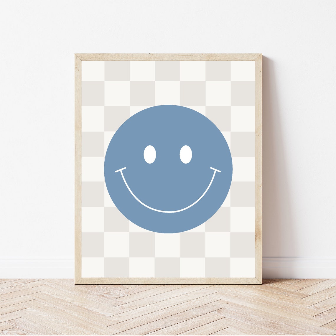 Retro Blue Smiley Face Checkerboard Nursery Kids Room Wall Art - Image 2