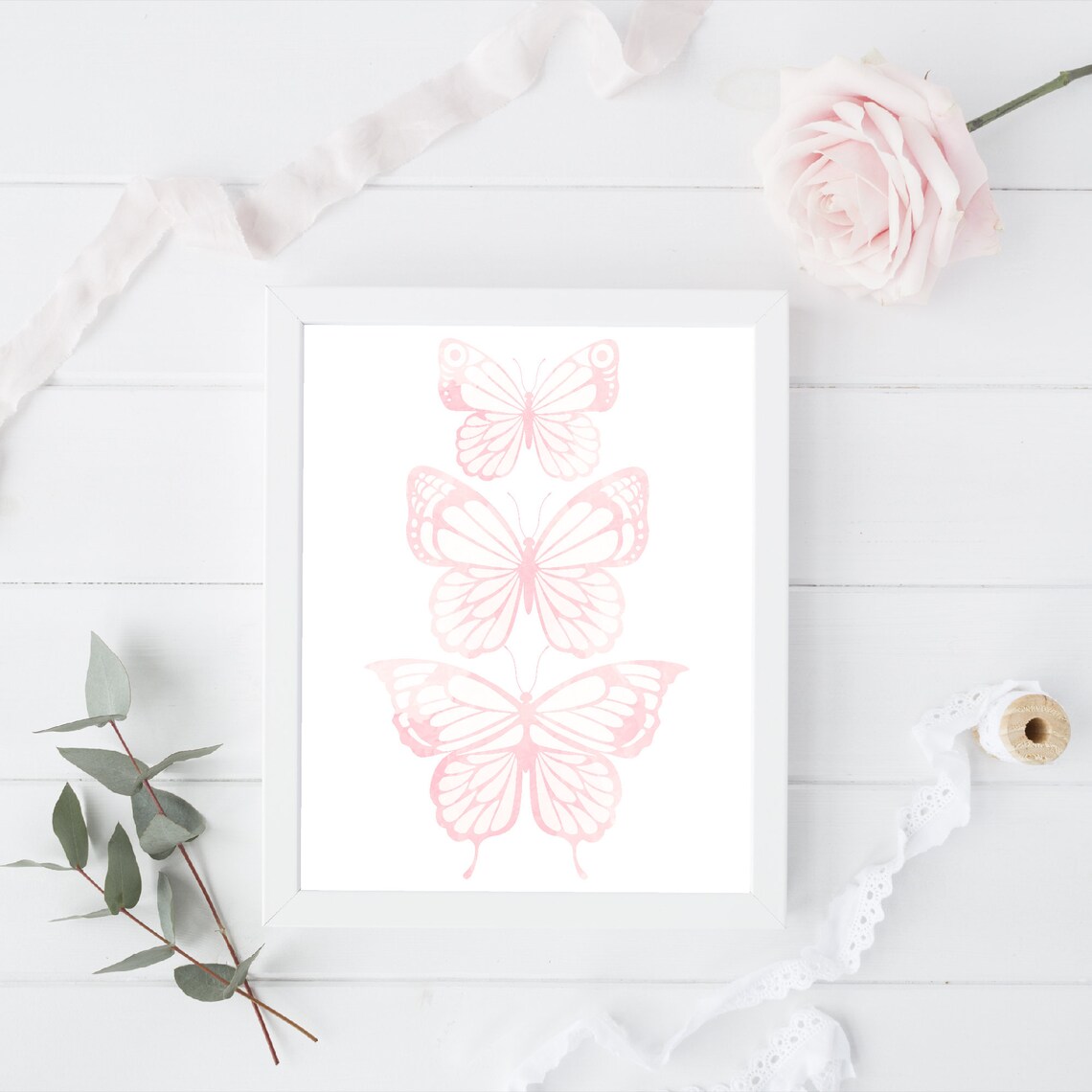 Blush Pink Watercolor Butterfly Trio Row Girls Nursery Wall Art Poster - Image 3