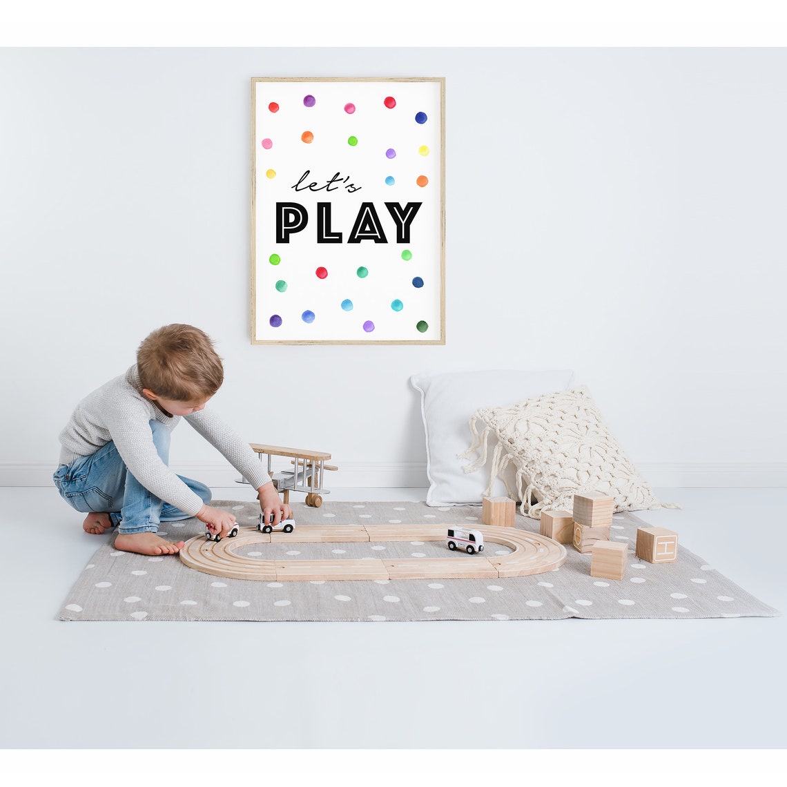 Lets Play Bold Black Lettering Rainbow Polka Dots Playroom Poster - Image 3