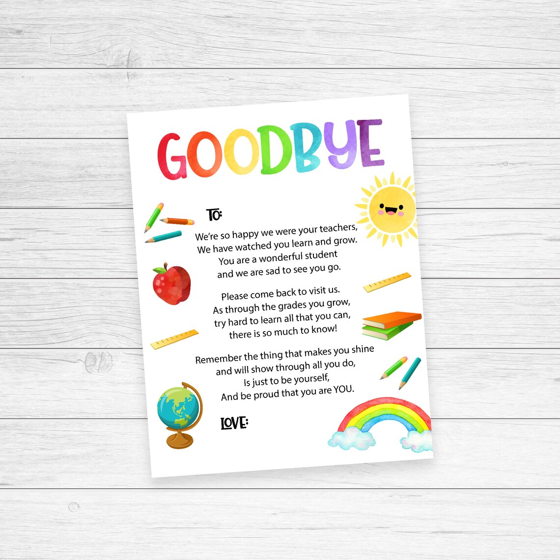 Teachers Goodbye Poem for Students, Rainbow Art Print